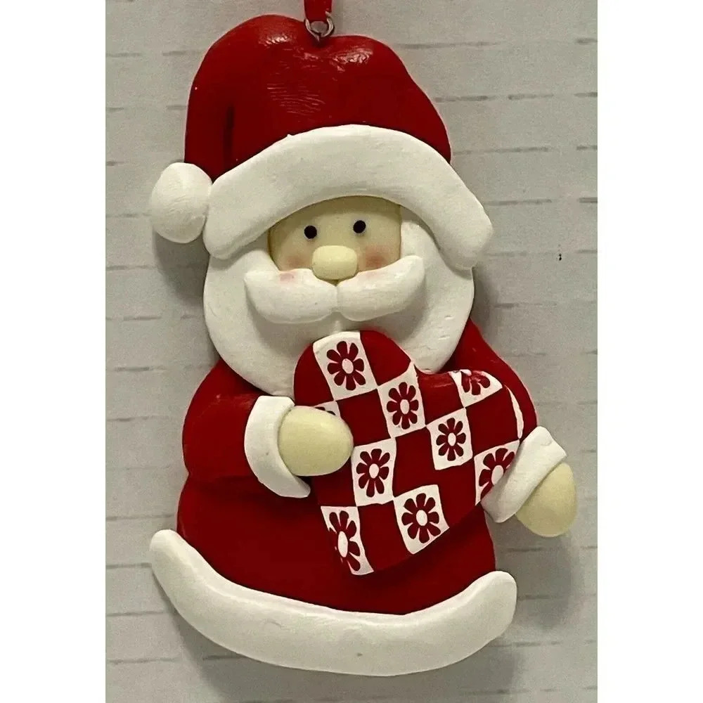 Santa Holding A Heart Red White‎ Flat Christmas Ornament 3.25”